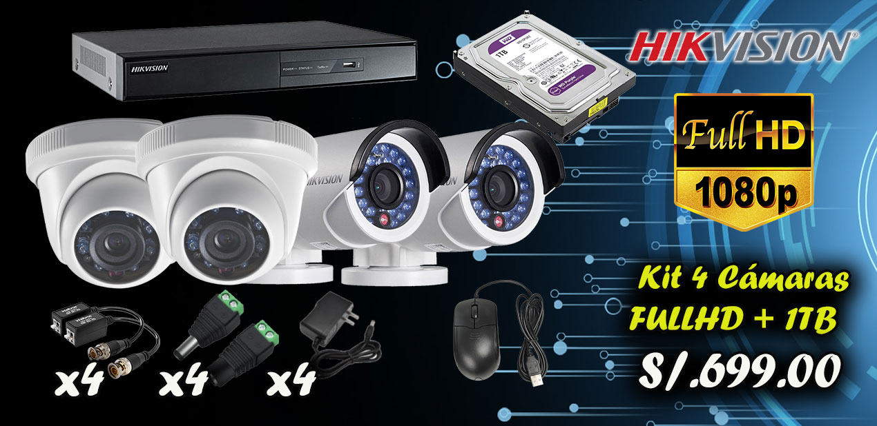 KIT DE VIDEO VIGILANCIA IP CCTV HIKVISION DE 4 CAMARAS FULL HD 1080P DE 2MP